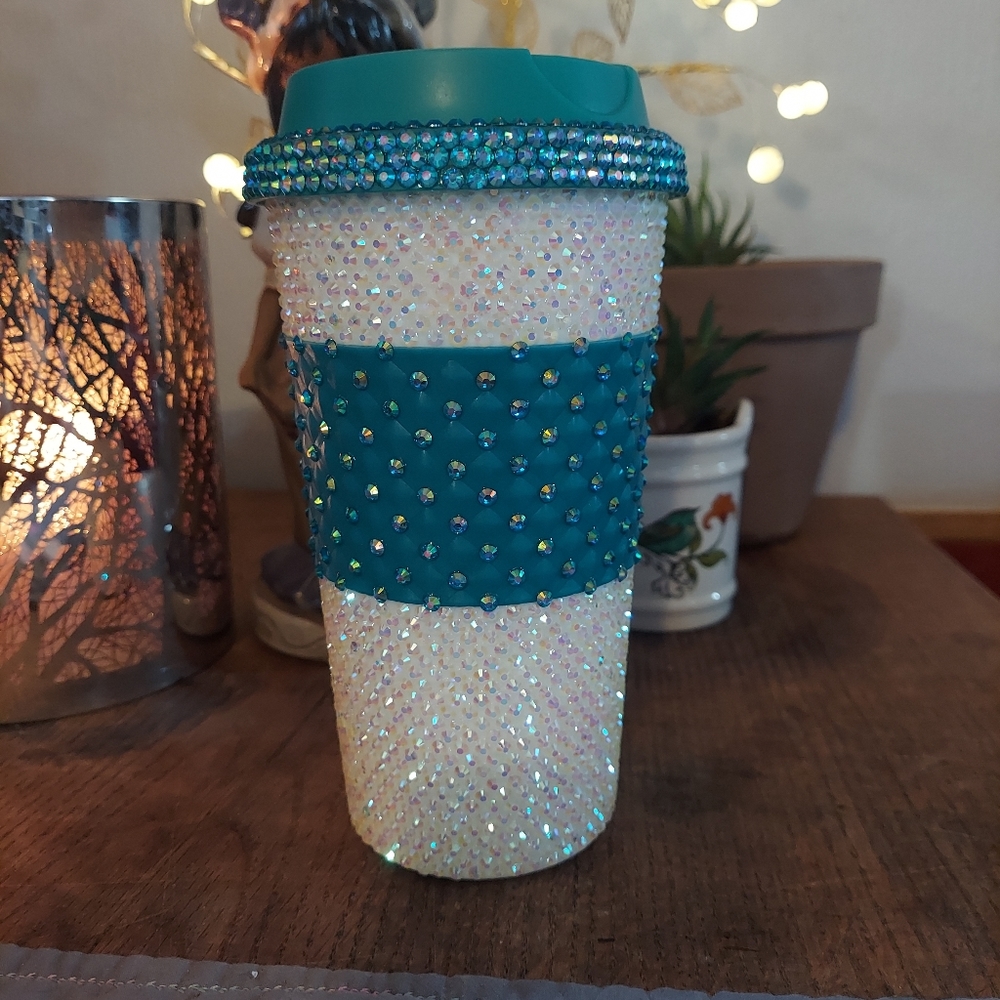 Rhinestone travel cup Peacock Blue & White 16 oz